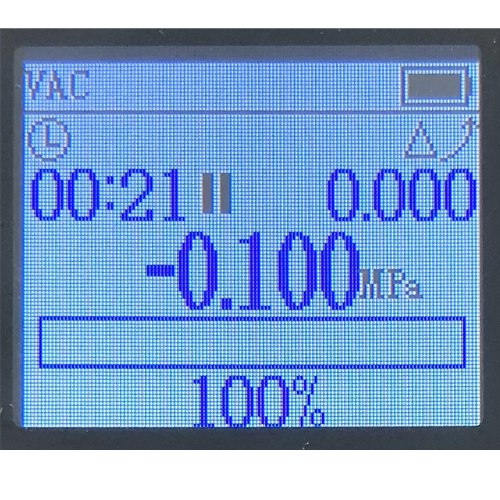 真空引き完了後の真空検査の保持時間を画面左上部の時間表示で確認できます。