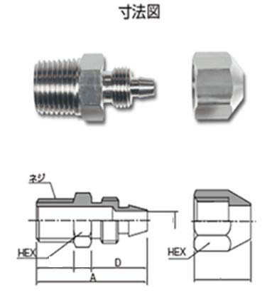 ねじ規格：R1/4、A：33mm、D:16mm、HEX：17mm