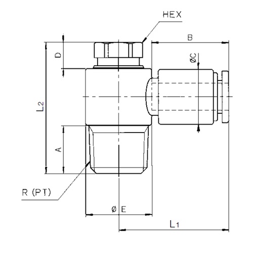 HEX：10mm　L1：25mm　L2：30mm\nA：11mm　B：17.5mm　C：12.5mm\nD：3.5mm　E：15mm　R(PT)：1/4”