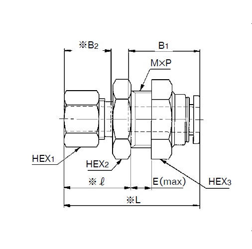 HEX1：10mm　HEX2：14mm　HEX3：14mm\nL：29.5mm　l：15mm　B1：16mm\nB2：11mm　E：5mm　M×P：M12×1