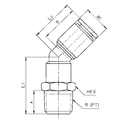 HEX：14mm　L1：28mm　L2：22mm\nA：11mm　B：19mm　C：14.5mm\nR(PT)：1/4”
