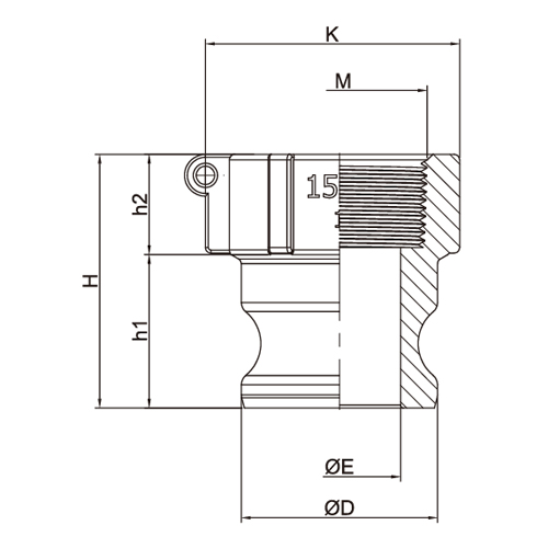 M：Rc1・1/2B　　K：66mm\nD：φ53mm　　　E：φ33mm\nh1：41mm　　　h2：28mm　　H：69mm
