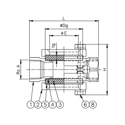 A：1/2　L：95mm　H：約69mm　E：40mm　Dg：50mm　tg：6mm