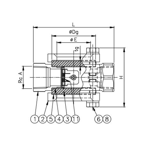 A：3/4　L：100mm　H：約74mm　E：40mm　Dg：50mm　tg：6mm