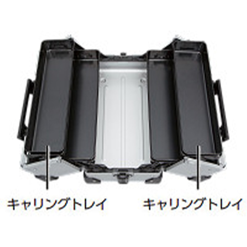 オープン時に内蔵されたトレイが左右に展開し、収納物を一覧できる両開きタイプ