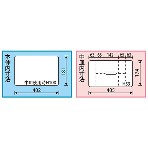 内寸：402(W)×181(D)×中皿使用時100(H)mm