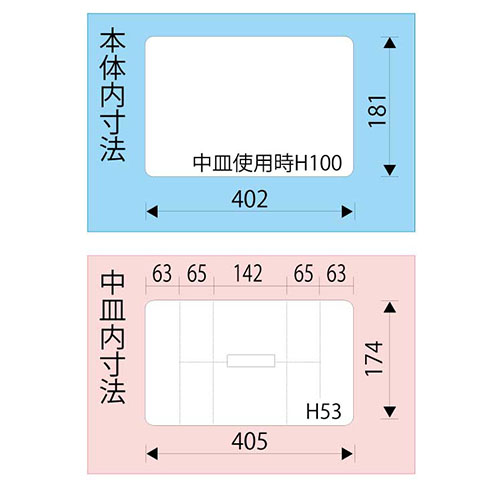 内寸：402(W)×181(D)×中皿使用時100(H)mm