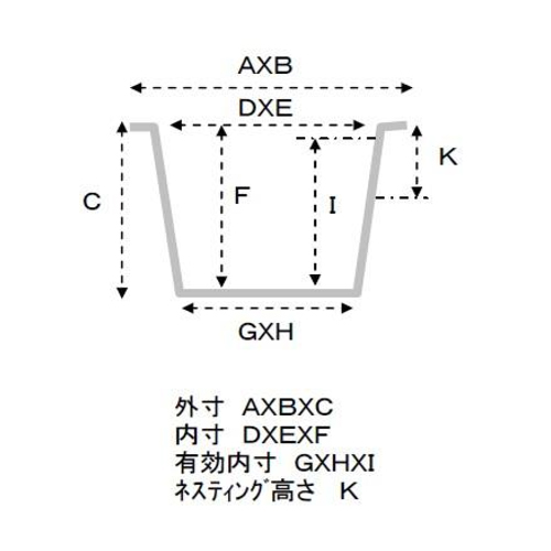 外寸：530×368×197mm\n内寸：482×333×192mm\n有効内寸：444×295×163mm\nネスティング高さ：60mm\n