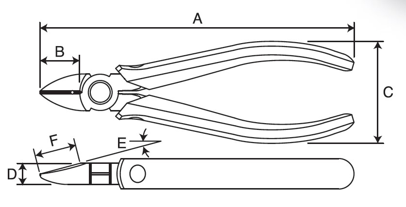 A：163mm、B：22mm、C：53mm、D：11mm、E：15°、F（刃長）：22mm