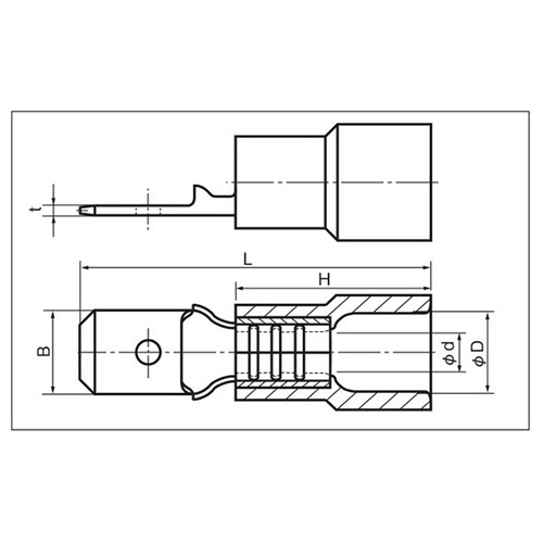 Ｂ：6.3mm　　　Ｌ：21.0mm\nｔ：0.8mm　　　Ｈ：10.0mm\nｄ：φ2.5mm　　　Ｄ：φ4.6mm