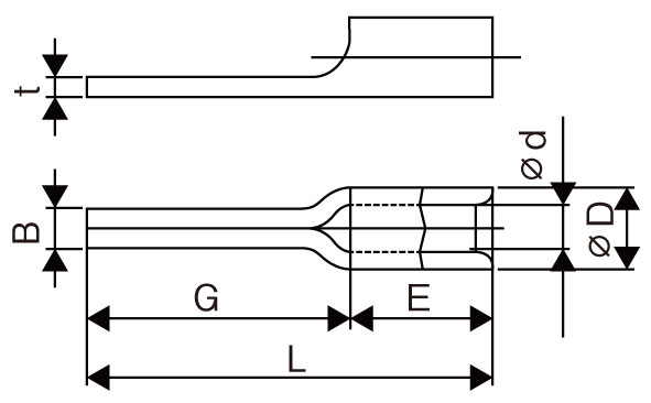 Ｂ：1.2mm　　　ｔ：0.7mm　　　Ｌ：12.8mm\nＧ：7.0mm　　　Ｅ：4.5mm\nＤ：φ2.5mm　　　ｄ：φ1.4mm