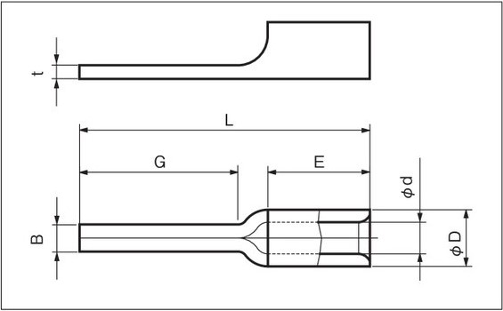 Ｂ：1.2mm　　　ｔ：0.7mm　　　Ｌ：14.7mm\nＧ：9.0mm　　　Ｅ：4.5mm\nＤ：φ2.2mm　　　ｄ：φ1.0mm