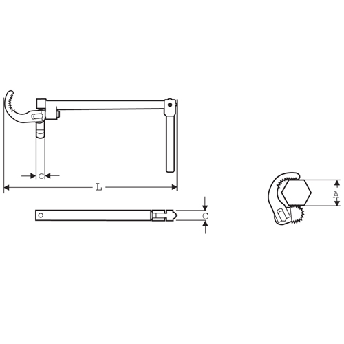 A:3/4～1・1/4”（19～32mm）、L：265mm、C：14mm