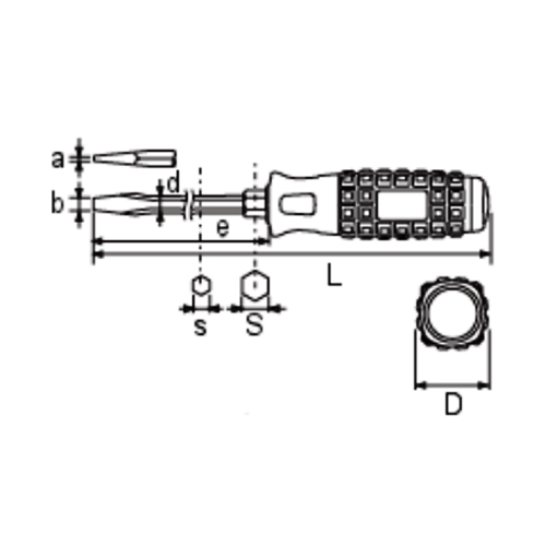 a：1.2mm、b：8mm\nd：8.9mm、D：33.8mm\nS：12mm、s：7.9mm\nL：280mm、e：150mm