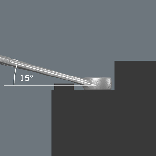 径尺角度付のメガネレンチ\nレンチの軸に沿って15°傾けられていて、作業中の損傷を避けます。