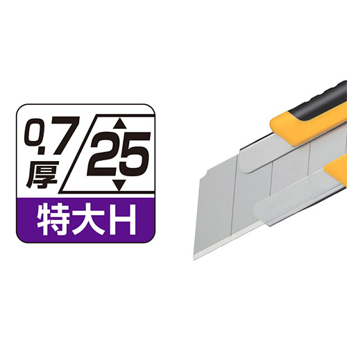 特大H型刃を装着しており、極めてハードな作業にも安定した切れ味を発揮し、通常の大型刃では少し頼りなく感じる厚手の素材のカッティングにも適しています。