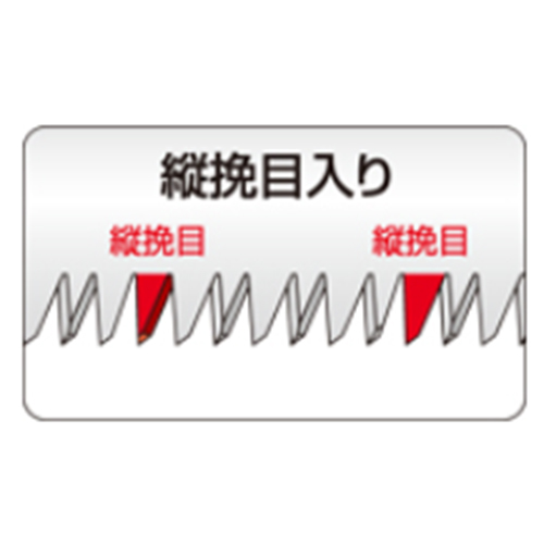 スムーズな切り始めでパワフルな切断力を発揮します。\n縦挽目入りであらゆる角度の切断が可能です。