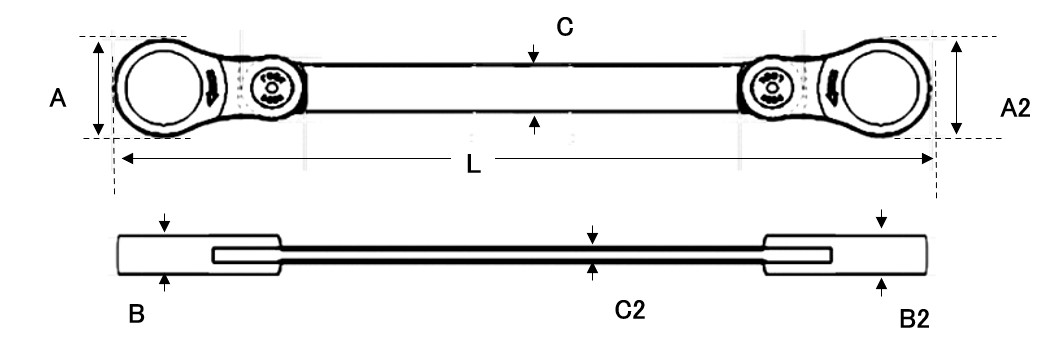 L：262mm、A：24.5mm、A2：26.5mm、B：8.2mm、B2：8.5mm、C：11.5mm、C2：4.5mm