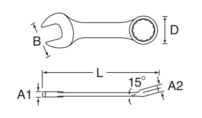 ●スパナ部幅(B；mm)：20.5●メガネ部幅(D；mm)：15●スパナ部厚み(A1；mm)：4.8●メガネ部厚み(A2；mm)：5.8
