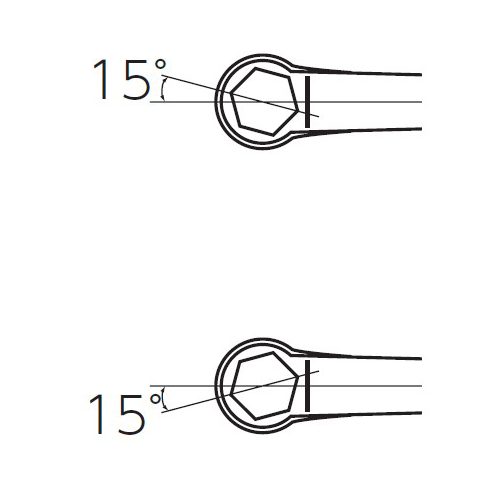 六角は左右対称に15°の角度をつけているので十二角めがねレンチと同等の作業（30°の振り角度で回転）が可能です。