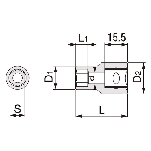 S：3/8”(9.5mm)　　D1：15.5　　D2：21.5\nL：31　　L1：8（単位：mm）