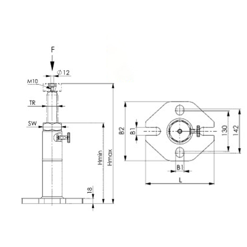 Hmin：430mm、Hmax：750mm、TR：40×7mm、B1：26mm、B2：190mm、L：220mm、SW：65mm、Fmax：50kN