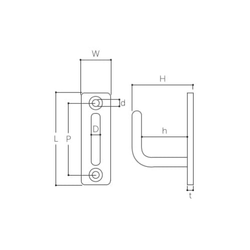 L：27mm、W：9mm、P：22mm、H：15mm、D：φ3mm、h：10mm、d：2.2mm、t：2mm