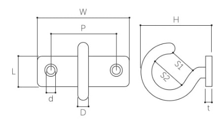 L：7.5mm、W：25.5mm、P：18mm、H：20mm、D：3mm、S1：6.5mm、S2：8.5mm、d：3mm、t：2mm