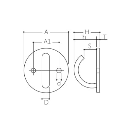 D：8mm、A：50mm、A1：29mm、d：5.2mm、S：16mm、H：33mm、h：22mm、T：3mm
