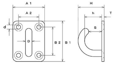 サイズ(mm)\nD：8、A1：39、A2：25、B1：50、B2：35、H：32、h：21、d：5.2、S：16、T：3