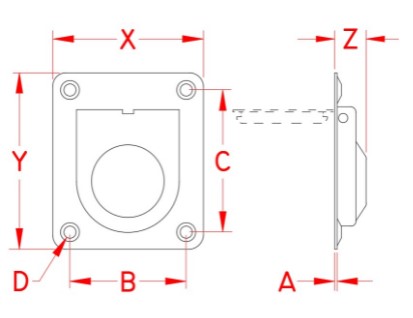 A：0.7mm、B：42.6mm、C：53mm、D：3.8mm、X：55.8mm、Y：65.5mm、Z：10.9mm