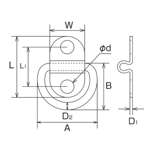 サイズ（mm）\nD1：1、L：17、L1：9.5、W：10、\nd：3.8、D2：2、A：17、B：14