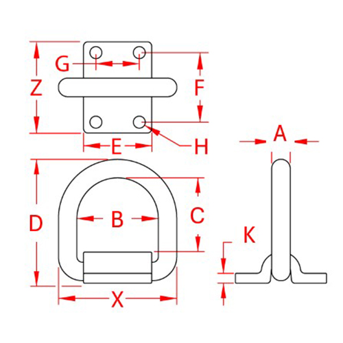 A:12.7㎜、B:59.6㎜、C:54.3㎜、D:90.4㎜、E:49.5mm、F:50.8mm、G:31.75mm、H:8.6mm、K:7.1mm、X:87.6mm、Z:64.2mm