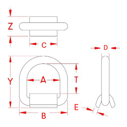 A:59.6mm、B:87.1mm、C:49.7mm、D:12.7mm、E:7.6mm、T:52mm、Y:92.7mm、Z:35mm