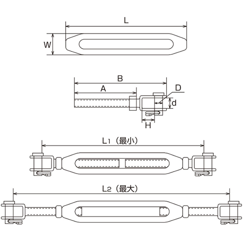 L：250㎜　　　W：40㎜　　　D：14㎜\nｄ：24㎜　　　Ｈ：25㎜　　　Ａ：125㎜\nＢ：190㎜　　　Ｌ1：353㎜　　　Ｌ2：515㎜\n捻径：W-5/8
