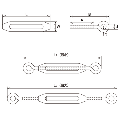 L：120㎜　　　W：21㎜　　　D：7㎜\nｄ：14㎜　　　Ａ：60㎜　　　Ｂ：95㎜\nＬ1：190㎜　　　Ｌ2：280㎜　　　捻径：W-5/16