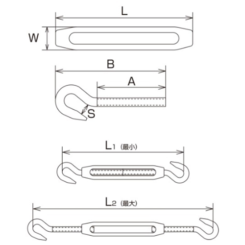 L：57㎜　　　W：13㎜　　　A：28㎜\nB：50㎜　　　S：6㎜　　　L1：92㎜\nL2：128㎜　　　捻径：M-4