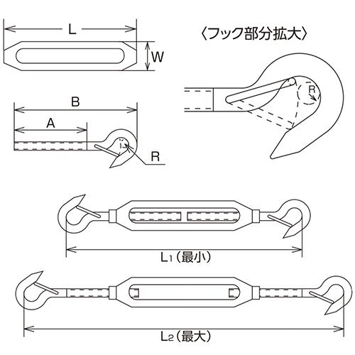 L：90㎜　　　W：19㎜　　　A：48㎜\nB：81㎜　　　R：2.5㎜　　　L1：155㎜\nL2：213㎜　　　捻径：W-1/4