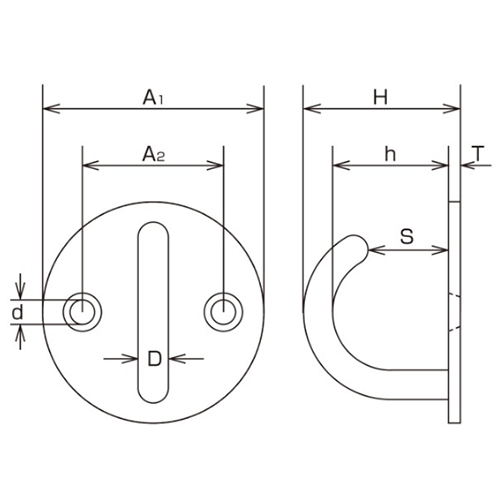 D：5㎜　　　A1：33㎜　　　A2：19㎜\nH：20㎜　　　ｈ：12.5㎜　　　Ｓ：10㎜\nｄ：4.2㎜　　　Ｔ：2.5㎜