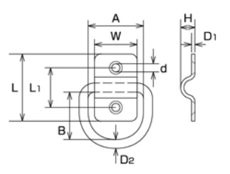 サイズ(mm)\nD1：1.5、L：36、L1：21、W：23、H：7.5、d：4.2、D2：5、A：30、B：27