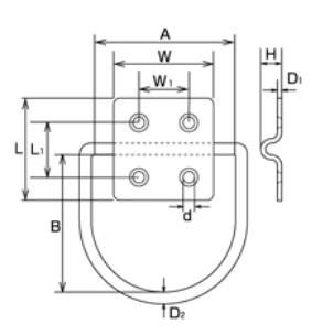 サイズ(mm)\nD1：1.5、L：28、L1：17、W：28、W1：14、H：7.5、d：3.2、D2：5、A：35、B：32