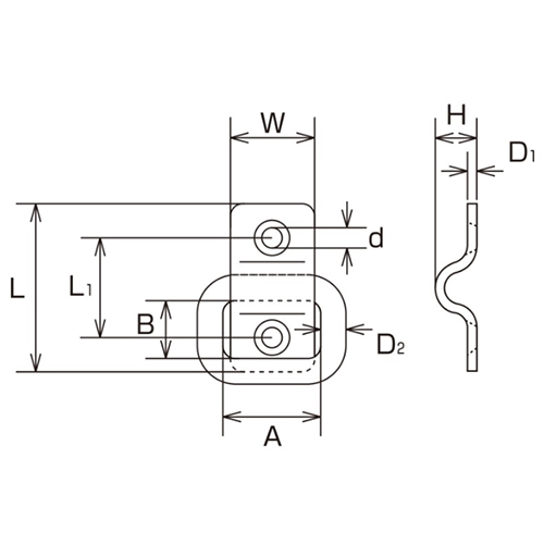 D1：1.5㎜　　　L：26㎜　　　L1：15.5㎜\nW：13㎜　　　H：6.5㎜　　　ｄ：3.2㎜\nＤ2：4㎜　　　Ａ：15㎜　　　Ｂ：9㎜