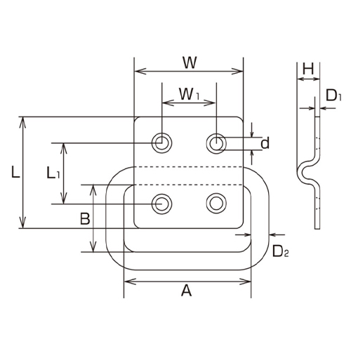 D1：1.5㎜　　　L：38㎜　　　L1：22.5㎜\nW：38㎜　　　W1：19㎜　　　H：8.5㎜　　　\nｄ：3.5㎜　　　Ｄ2：5㎜　　　\nＡ：39㎜　　　Ｂ：21㎜