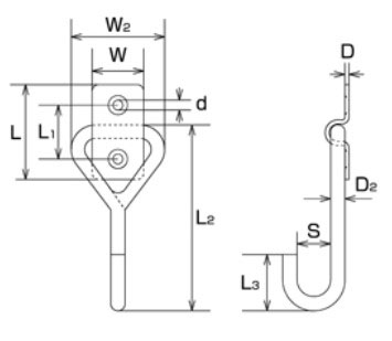 サイズ(mm)\nD：1.5、L：36、L1：21、W：18、d：3.2、D2：5、L2：70、W2：35、L3：21、S：11
