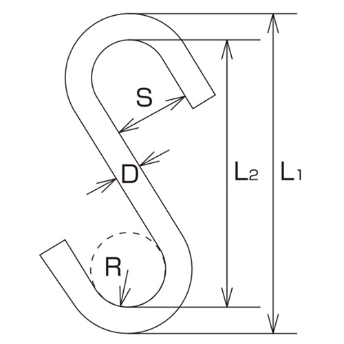 D：5㎜　　　L1：180㎜　　　L2：170㎜\nS：49㎜　　　R：25㎜