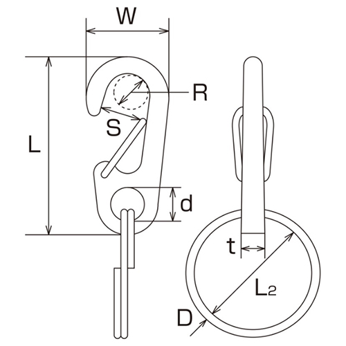 L：26㎜　　　W：12㎜　　　S：5㎜\nR：4㎜　　　D：1.2㎜　　　L2：18㎜\nｄ：4.2㎜　　　ｔ：3㎜
