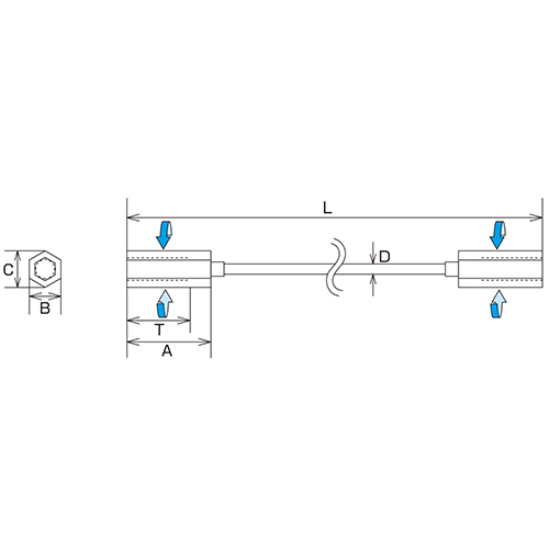 D：3㎜　　　L：300㎜　　　T：22㎜\nA：32㎜　　　B：8㎜　　　C：9㎜\n捻径：M-6