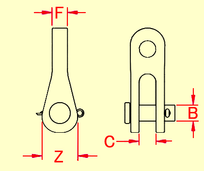 トグル(mm)\nB：6.3、C：6.3\nアイ(mm)\nF：6.6、Z：13.2