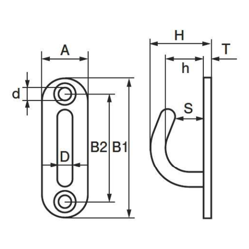 D：5mm　　A：15mm　　B1：45mm\nB2：35mm　　H：20mm　　h：12mm\nS：10mm　　d：4.1mm　　T：2mm