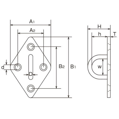 D：8㎜　　　A1：50㎜　　　A2：34㎜\nB1：80㎜　　　B2：65㎜　　　H：33㎜\nｈ：20㎜　　　Ｗ：21㎜\nｄ：5.2㎜　　　Ｔ：3㎜